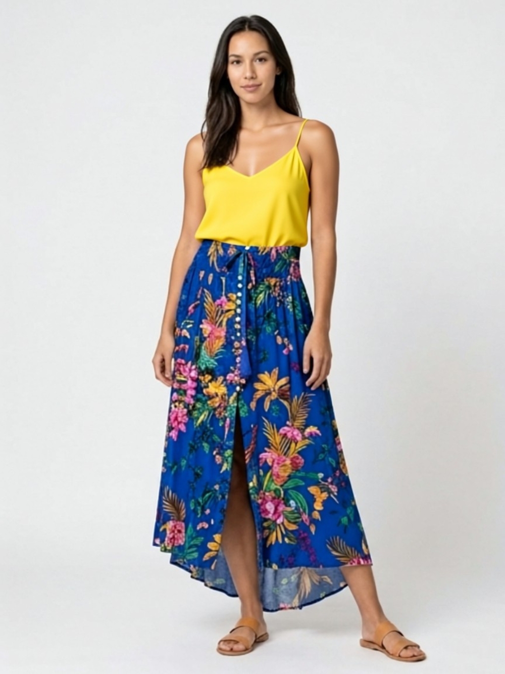 Blue Tropical Button-Front Resort Maxi Skirt Middle Slit Tassels Cynthia Rowley - Picture 5 of 6